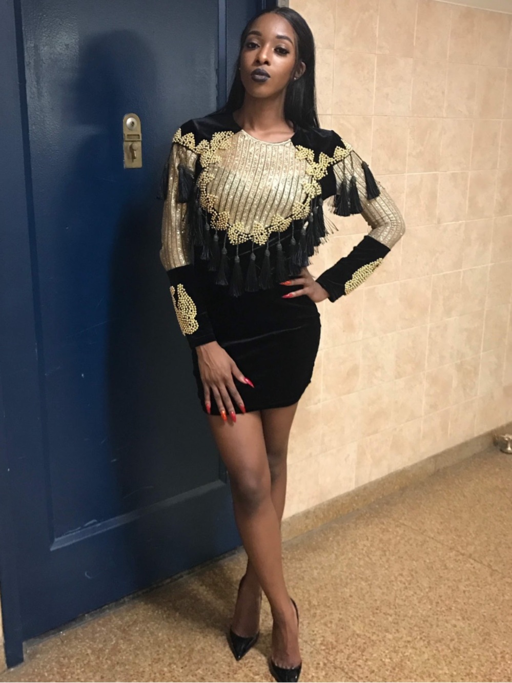 Black Velvet Mini Dress with Gold Embellished Fringe